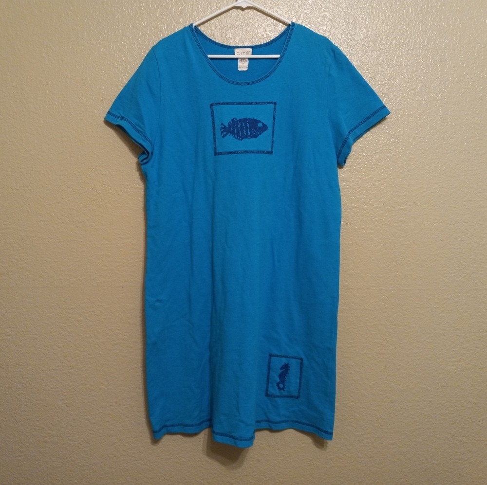 Cite Turquoise Blue Fish Print Cotton Dress